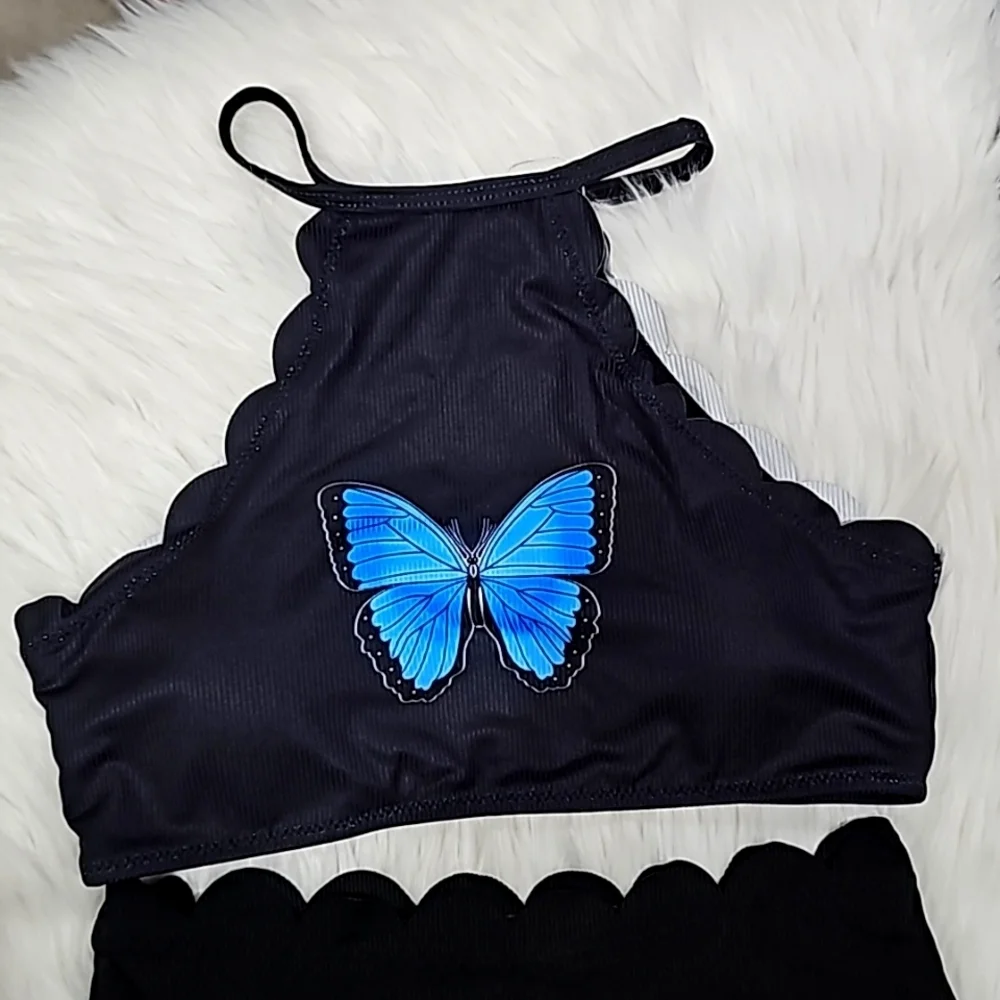Blue Butterfly ✦ Scalloped Halter Bikini Set ✦ High-Neck Ribbed Cheeky Bottoms S